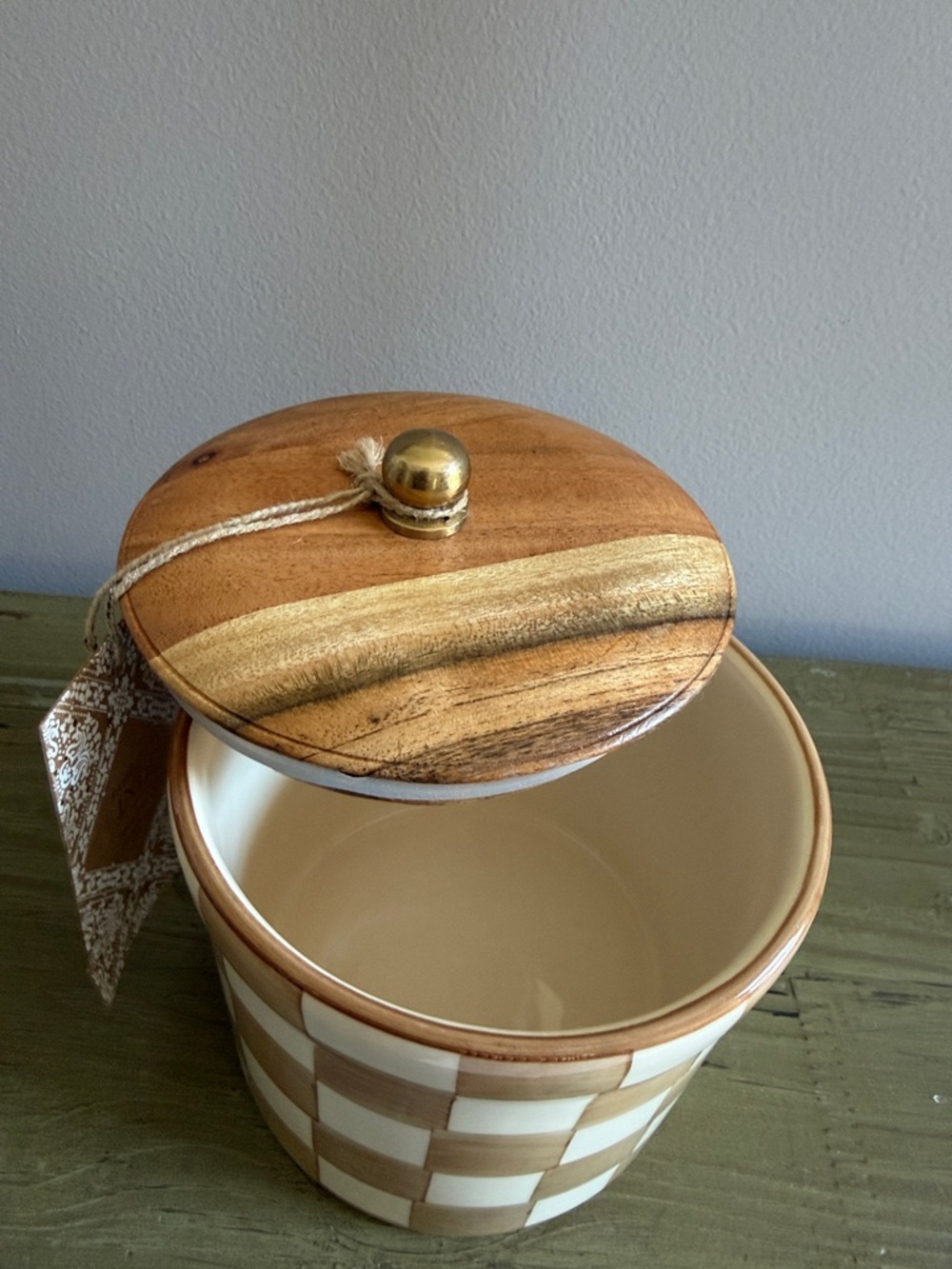 Mocha Check Ceramic Canister with Gold Knob Wooden Lid- White & Tan - Picture 3 of 7